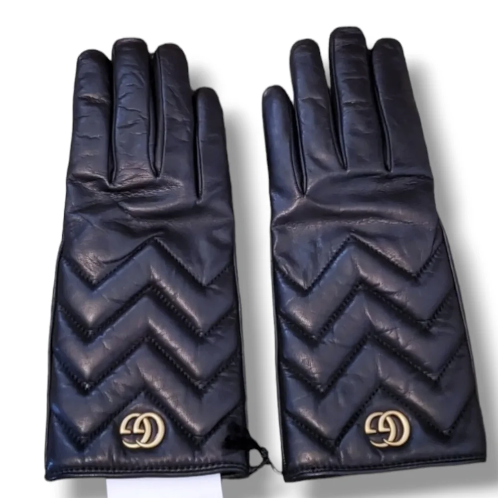 NWT Gucci G Metal Logo Black Marmont Leather Cashmere Lined Gloves 7.5 USA & Box